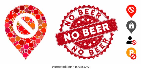 Mosaic forbidden marker icon and distressed stamp watermark with No Beer phrase. Mosaic vector is created with forbidden marker icon and with randomized round items. No Beer stamp seal uses red color,
