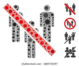 Mosaic forbidden men group constructed from SARS virus icons in variable sizes and color hues. Vector viral parts are composed into abstract mosaic forbidden men group icon.