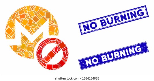 Mosaic forbidden Monero icon and rectangle No Burning seals. Flat vector forbidden Monero mosaic pictogram of random rotated rectangle items. Blue No Burning seals with distress textures.