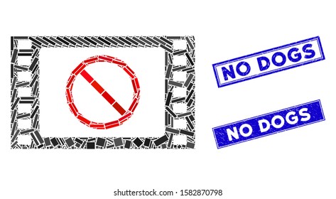 Mosaic forbidden movie icon and rectangular No Dogs seal stamps. Flat vector forbidden movie mosaic icon of randomized rotated rectangular items. Blue No Dogs seal stamps with scratched textures.