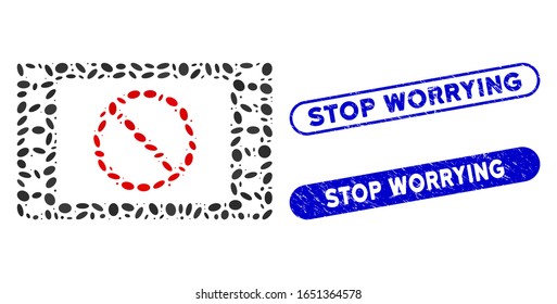 Mosaic forbidden movie and rubber stamp seals with Stop Worrying caption. Mosaic vector forbidden movie is formed with scattered oval dots. Stop Worrying stamp seals use blue color,