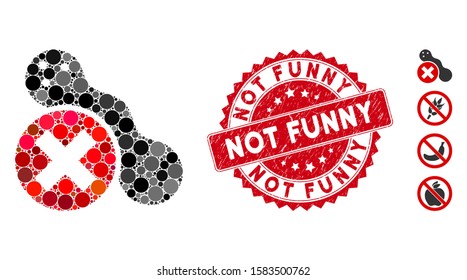 Mosaic forbidden peanut icon and rubber stamp watermark with Not Funny phrase. Mosaic vector is composed with forbidden peanut icon and with randomized circle elements.
