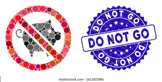 Mosaic forbidden pig icon and distressed stamp seal with Do Not Go caption. Mosaic vector is composed from forbidden pig icon and with randomized round spots. Do Not Go stamp uses blue color,