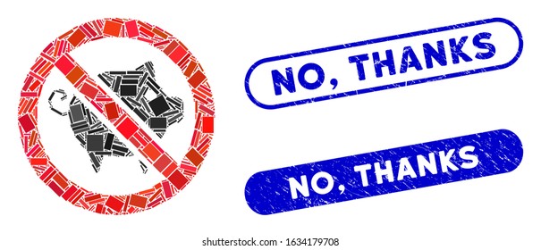 Mosaic forbidden pig and rubber stamp seals with No, Thanks phrase. Mosaic vector forbidden pig is created with random rectangle items. No, Thanks stamp seals use blue color,