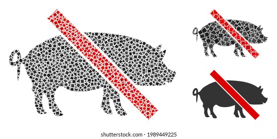 Mosaic Forbidden pork icon constructed from uneven parts in various sizes, positions and proportions. Vector rugged elements are organized into abstract mosaic forbidden pork icon.