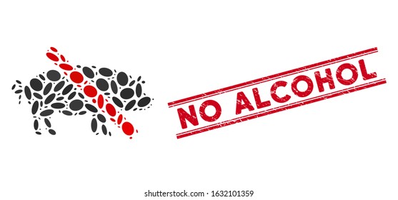Mosaic forbidden pork icon and distressed stamp seal with red No Alcohol text between double parallel lines. Mosaic vector is created with forbidden pork icon and with randomized ellipse elements.