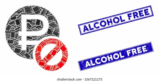 Mosaic forbidden rouble pictogram and rectangle watermarks. Flat vector forbidden rouble mosaic pictogram of random rotated rectangle items. Blue caption watermarks with scratched surface.