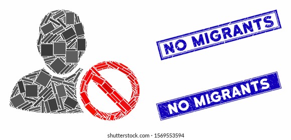 Mosaic forbidden user pictogram and rectangle rubber prints. Flat vector forbidden user mosaic pictogram of random rotated rectangle items. Blue caption rubber seals with distress surface.