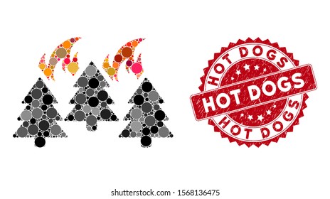 Mosaic forest fire disaster and corroded stamp seal with Hot Dogs text. Mosaic vector is formed with forest fire disaster icon and with randomized circle items. Hot Dogs seal uses red color,