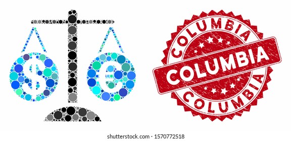 Mosaic forex market scales and corroded stamp watermark with Columbia text. Mosaic vector is formed with forex market scales icon and with random spheric items. Columbia stamp uses red color,