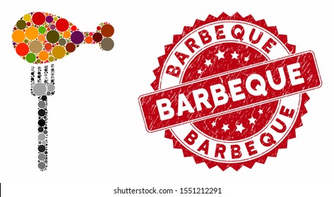 Mosaic fork and corroded stamp seal with Barbeque caption. Mosaic vector is composed with fork icon and with random spheric items. Barbeque stamp seal uses red color, and rubber design.
