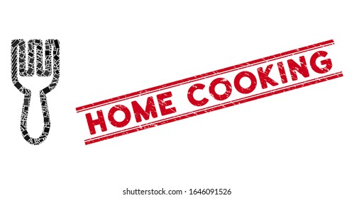 Mosaic fork icon and red Home Cooking seal stamp between double parallel lines. Flat vector fork mosaic icon of random rotated rectangular items. Red Home Cooking rubber stamp with rubber textures.