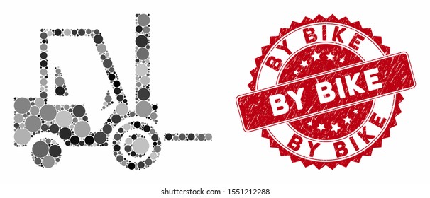 Mosaic Fork Lift Truck And Corroded Stamp Seal With By Bike Caption. Mosaic Vector Is Designed With Fork Lift Truck Icon And With Randomized Spheric Items. By Bike Seal Uses Red Color,