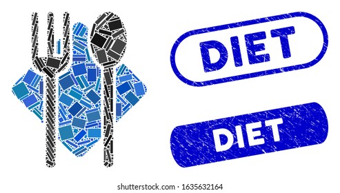 Mosaic fork and spoon and grunge stamp watermarks with Diet phrase. Mosaic vector fork and spoon is composed with randomized rectangle items. Diet stamp seals use blue color,