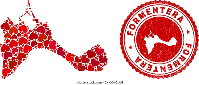 Mosaic Formentera Island map created from red love hearts, and grunge seal stamp. Vector lovely round red rubber seal stamp imitation with Formentera Island map inside.