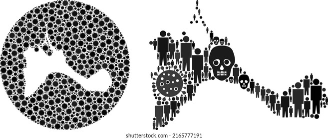 Mosaic Formentera Island map designed from covid virus elements and population and death icons. Flu virus Formentera Island map mosaic designed with sphere and cut out shape.