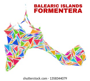 Mosaic Formentera Island map of triangles in bright colors isolated on a white background. Triangular collage in shape of Formentera Island map. Abstract design for patriotic decoration.