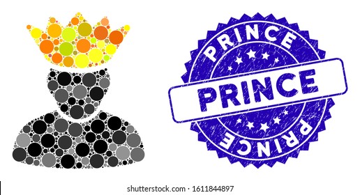 Mosaic forum administrator icon and rubber stamp seal with Prince text. Mosaic vector is created with forum administrator pictogram and with scattered spheric spots. Prince stamp seal uses blue color,