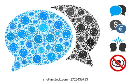 Mosaic forum chat designed from flu virus icons in variable sizes and color hues. Vector infection parts are arranged into abstract mosaic forum chat icon. Some bonus icons are added.