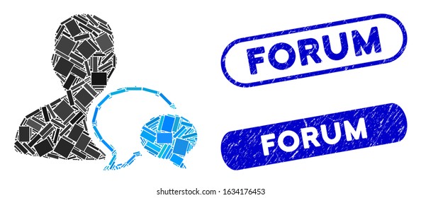 Moderador de foro de mosaico y sellos de sello corroídos con texto de foro. El moderador del foro de Vector de mosaico se crea con elementos de rectángulo aleatorios. Los sellos del sello del foro utilizan el color azul, y tienen forma redonda del rectángulo.