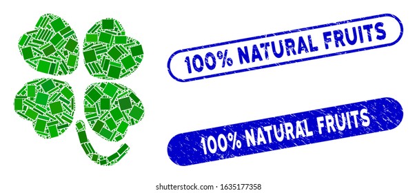 Mosaic four-leafed clover and corroded stamp seals with 100% Natural Fruits text. Mosaic vector four-leafed clover is composed with random rectangle items.