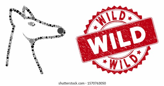 Mosaic fox head and corroded stamp watermark with Wild phrase. Mosaic vector is composed with fox head icon and with random spheric elements. Wild stamp uses red color, and grunged design.