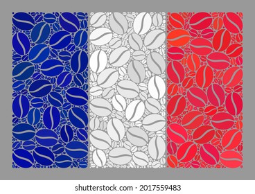 Mosaic France flag is created of coffee seed icons. Vector coffee mosaic France flag organized for coffee shops awards. France flag collage is organized with random coffee seeds.