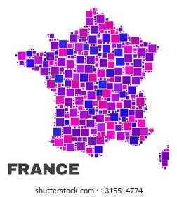 Mosaic France map isolated on a white background. Vector geographic abstraction in pink and violet colors. Mosaic of France map combined of scattered small squares.