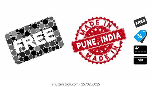 Mosaic free card icon and grunge stamp watermark with Made in Pune, India caption. Mosaic vector is designed with free card icon and with randomized round elements. Made in Pune,