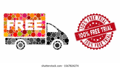 Mosaic free delivery and corroded stamp seal with 100% Free Trial caption. Mosaic vector is designed with free delivery icon and with randomized circle spots.