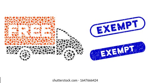 Mosaic free delivery and grunge stamp seals with Exempt text. Mosaic vector free delivery is designed with randomized ellipse elements. Exempt stamp seals use blue color,