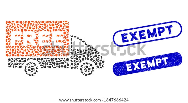 Mosaic free delivery\
and grunge stamp seals with Exempt text. Mosaic vector free\
delivery is designed with randomized ellipse elements. Exempt stamp\
seals use blue color,