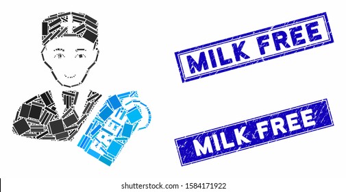 Mosaic free doctor pictogram and rectangular Milk Free rubber prints. Flat vector free doctor mosaic pictogram of random rotated rectangular items. Blue Milk Free seals with dirty textures.