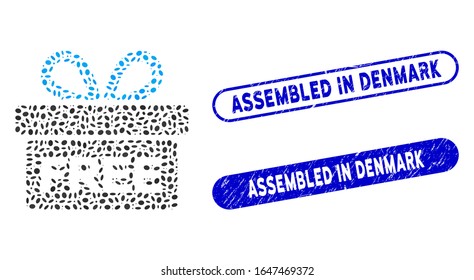 Mosaic free gift and corroded stamp seals with Assembled in Denmark caption. Mosaic vector free gift is composed with scattered oval items. Assembled in Denmark stamp seals use blue color,
