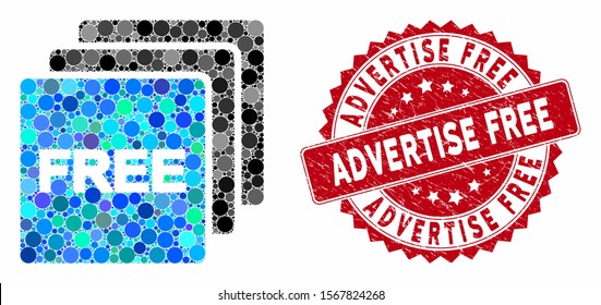 Mosaic free items and distressed stamp seal with Advertise Free text. Mosaic vector is created from free items icon and with random circle elements. Advertise Free stamp seal uses red color,