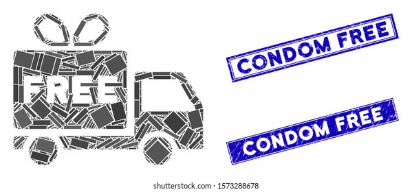Mosaic free shipment icon and rectangular Condom Free stamps. Flat vector free shipment mosaic icon of random rotated rectangular elements. Blue Condom Free seal stamps with distress surface.