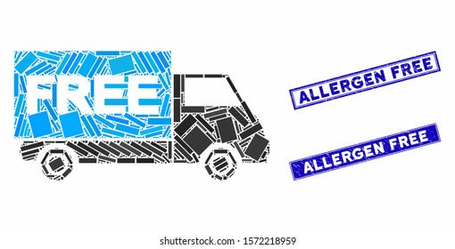 Mosaic free shipment van icon and rectangular Allergen Free rubber prints. Flat vector free shipment van mosaic icon of scattered rotated rectangular items.