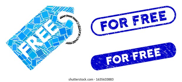 Mosaic free tag and distressed stamp seals with For Free phrase. Mosaic vector free tag is formed with randomized rectangles. For Free stamp seals use blue color, and have round rectangle shape.
