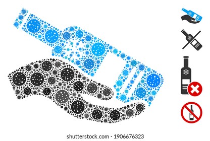Mosaic free vodka bottle composed of coronavirus icons in random sizes and color hues. Vector pathogen elements are organized into abstract mosaic free vodka bottle icon. Some bonus icons are added.