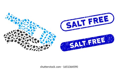 Mosaic free vodka bottle and grunge stamp seals with Salt Free caption. Mosaic vector free vodka bottle is designed with randomized oval items. Salt Free stamp seals use blue color,