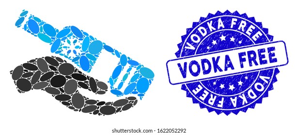 Mosaic free vodka bottle icon and distressed stamp seal with Vodka Free caption. Mosaic vector is formed from free vodka bottle icon and with randomized oval spots.