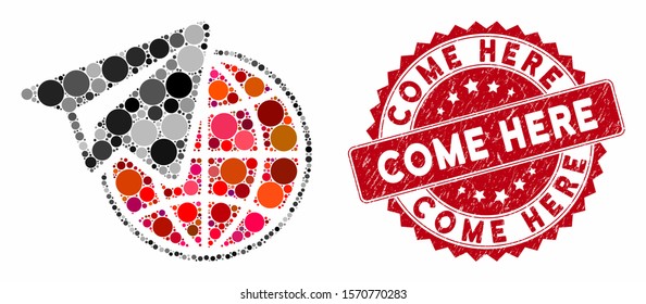 Mosaic freelance and distressed stamp seal with Come Here text. Mosaic vector is created with freelance icon and with random spheric items. Come Here stamp seal uses red color, and scratched surface.