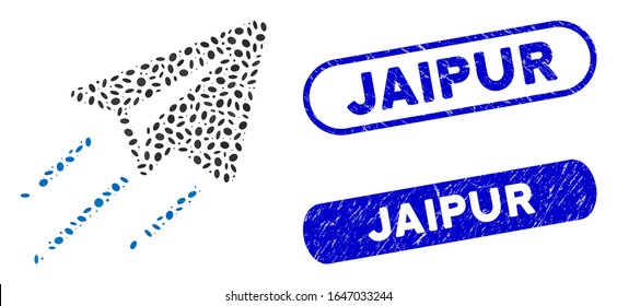 Mosaic freelance flight and corroded stamp seals with Jaipur text. Mosaic vector freelance flight is created with randomized elliptic elements. Jaipur stamp seals use blue color,