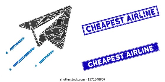 Mosaic freelance flight icon and rectangle Cheapest Airline seal stamps. Flat vector freelance flight mosaic icon of random rotated rectangular items.