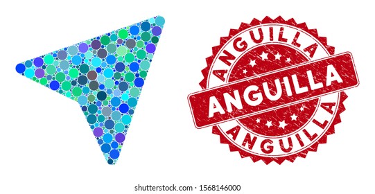 Mosaic freelance paper plane and distressed stamp watermark with Anguilla phrase. Mosaic vector is composed with freelance paper plane icon and with randomized spheric elements.
