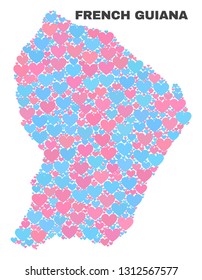 Mosaic French Guiana map of love hearts in pink and blue colors isolated on a white background. Lovely heart collage in shape of French Guiana map. Abstract design for Valentine decoration.
