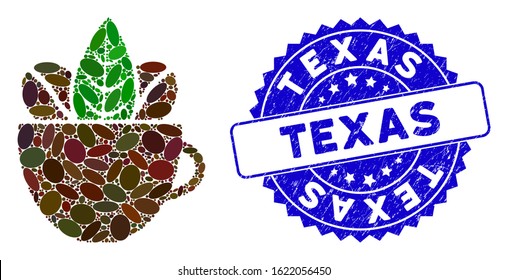 Mosaic fresh coffee cup icon and rubber stamp seal with Texas text. Mosaic vector is composed with fresh coffee cup icon and with scattered elliptic items. Texas stamp seal uses blue color,