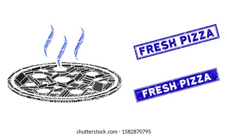 Mosaic fresh pizza icon and rectangular Fresh Pizza seals. Flat vector fresh pizza mosaic icon of scattered rotated rectangular elements. Blue Fresh Pizza seals with dirty surface.