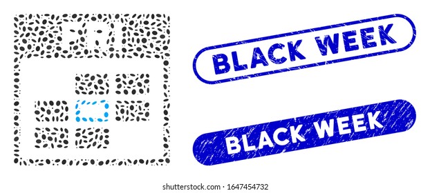 Mosaik Freitag Kalenderraster und korrodierte Wasserzeichen mit Black Week Satz. Mosaik Vektorillustration Freitag Kalenderraster besteht aus verstreuten Ellipsenelementen. Die Siegel der Black Week verwenden eine blaue Farbe.