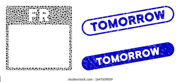 Mosaic Friday calendar page and corroded stamp seals with Tomorrow phrase. Mosaic vector Friday calendar page is designed with randomized ellipse dots. Tomorrow seals use blue color,